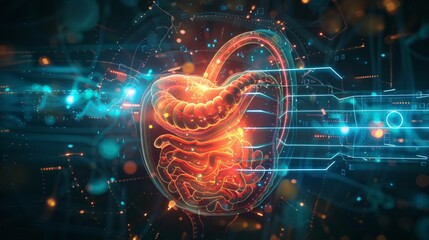 Vivid 3D illustration of human digestive system in neon colors against abstract backdrop, showcasing key organs and futuristic interface for educational and artistic fusion.