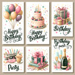 © alan - Set of Six Cute Birthday Cards with Balloons, Cake, Gifts, Champagne, and Party Decorations