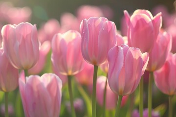 Wall Mural - Beautiful pink tulips are growing in a flowerbed illuminated by warm spring sunlight