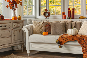 A living room with a couch, a vase, and a pumpkin on it