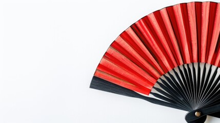 Wall Mural - Red and black wooden fan with vintage style on white background plenty of space for text