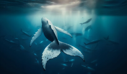 Wall Mural - Whales gracefully swim across the bright blue ocean