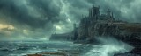 An ancient castle perched on a rocky cliff, with crashing waves far below and storm clouds gathering overhead.