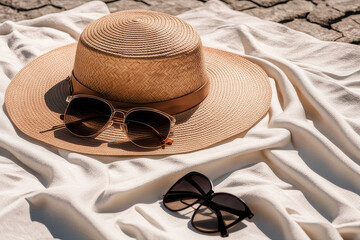 Sunglasses and straw hat on textile background with sunlight shadow reflections. Minimal fashion aesthetic summer vacation creative background