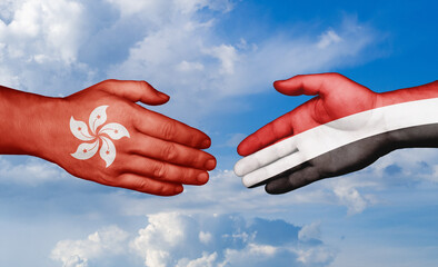 Yemen and Hong Kong country handshaking with flags, consensus concept international co-operation illustration