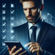 © geneilton - Um empresário sério olhando para um tablet ou smartphone, com uma tela digital onde itens de uma lista de verificação estão sendo marcados