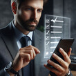 © geneilton - Um empresário sério olhando para um tablet ou smartphone, com uma tela digital onde itens de uma lista de verificação estão sendo marcados