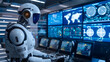 © Aodsy - Advanced humanoid robot monitoring data in a high-tech control room, representing cutting-edge artificial intelligence and futuristic technology.