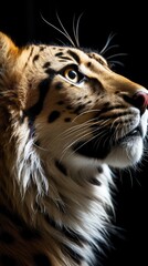 Poster - head profile closeup of spotted cheetah isolated on black background with copyspace area 