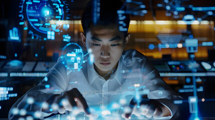 a focused young programmer interacts with a high-tech, futuristic interface, highlighting modern tec