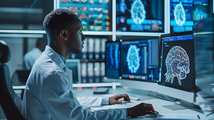 Poster - A scientist intensely studies brain data on multiple computer screens in a high-tech lab, showcasing advanced neuroscience research.