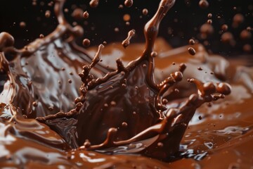 Wall Mural - Liquid dark chocolate is flowing and creating splashes on brown background