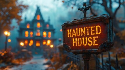 Wall Mural - “HAUNTED HOUSE”  sign - Halloween - dusk - sundown - spooky scary - decorated 