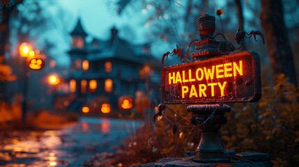 “HALLOWEEN PARTY” ” sign - Halloween - dusk - sundown - spooky scary - decorated 