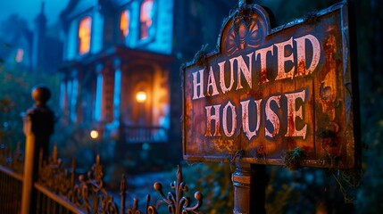 “HAUNTED HOUSE” sign - Halloween - dusk - sundown - spooky scary - decorated 