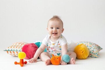 Canvas Print - indian cute fair baby sitting on a floor smiling looking directly at the camera, surrounded by cushions