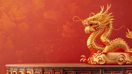 Wall Mural - A gold dragon statue sits on a table in front of a red wall