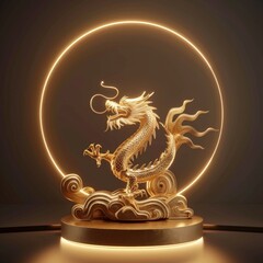 Wall Mural - A gold dragon is sitting on a pedestal with a glowing circle in the background