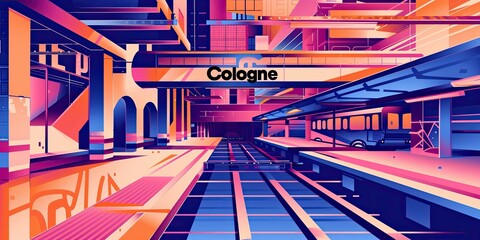 Wall Mural - Vibrant Illustration of Cologne Train Station