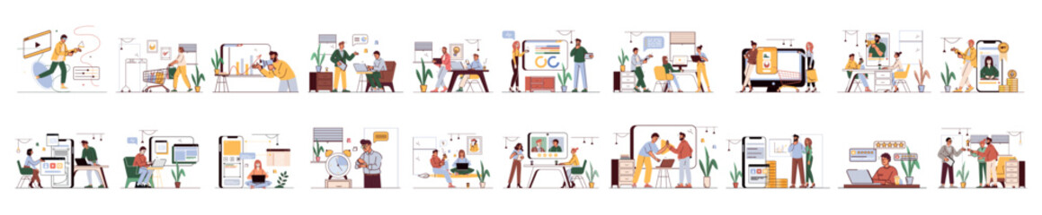 Wall Mural - mega set of linear color concepts with people scene in flat cartoon design. a big collection of scen