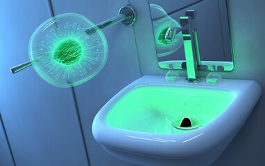 Germs on bathroom cleaning tools, germs, bathroom, illustrating improper hygiene practices