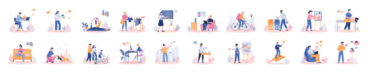 Wall Mural - bundle of concepts in soft colors with people scene in flat cartoon design. the set of illustrations