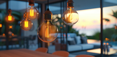 Wall Mural - Vintage light bulbs hanging in modern home interior with blurred living room and kitchen background. There is warm yellow lighting from the incandescent. Generative AI.