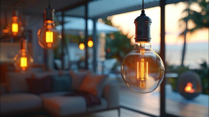 Wall Mural - Vintage light bulbs hanging in modern home interior with blurred living room and kitchen background. There is warm yellow lighting from the incandescent. Generative AI.