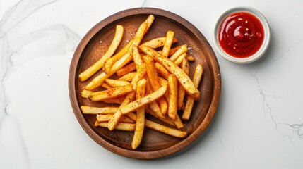 Wall Mural - Crispy French fries with spicy seasoning on wood plate and bowl on white background