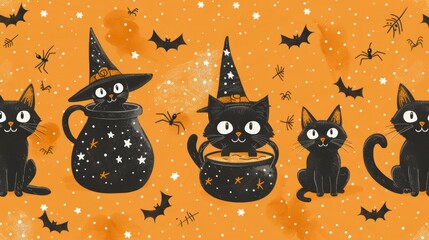 Wall Mural - halloween doodles, add some halloween fun to your decor with a festive doodle featuring cauldrons, witch hats, and black cats for a playful and magical touch