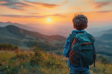 back view of school boy with backpack on mountain thinking