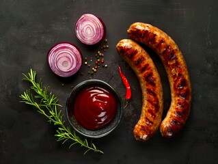 Wall Mural - grilled sausages with onions and sauce on a black background.