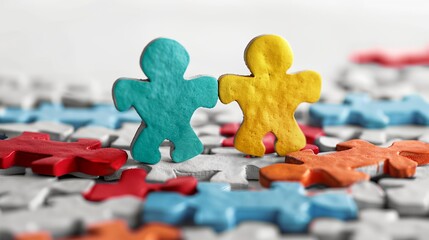 Wall Mural - two figures standing on a puzzle piece background
