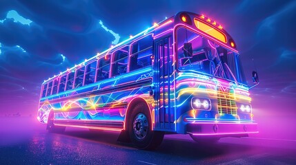 Poster - Disco party bus flying through the sky, neons, colorful, school party bus, white background. Generative AI.