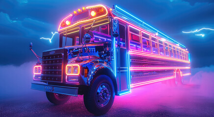 Poster - Disco party bus flying through the sky, neons, colorful, school party bus, white background. Generative AI.