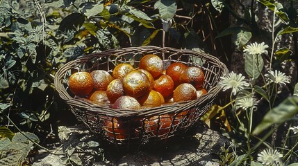   A basket brimming with oranges resting atop a stone amidst a sea of verdant foliage