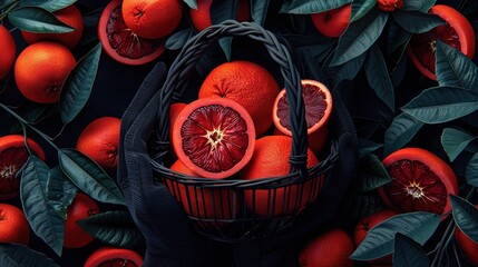 Sticker -   Basket filled with blood oranges surrounded by green leaves, oranges on top, on leaf bed