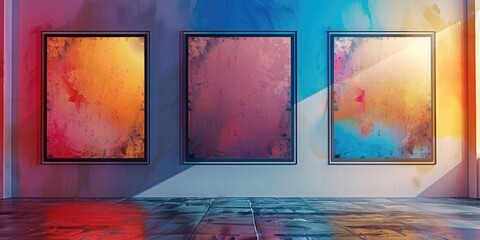 Fototapete - Vertical arrangement of three empty square frames on a colorful wall, gently lit. Generative AI.