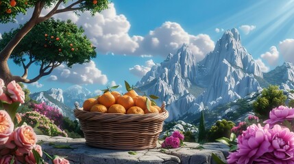 Wall Mural -  An orange-filled basket rests atop a verdant field beside a flower-laden mountain