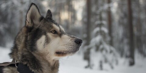 Wall Mural - A dog with a black collar is standing in the snow. The dog has a serious look on its face