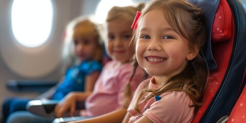 Sticker - Three young girls are sitting in airplane seats, smiling and looking at the camera. Scene is happy and cheerful, as the girls seem to be enjoying their time on the plane