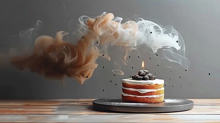 Wall Mural -   A wooden table holds a cake, emitting smoke and featuring a central candle