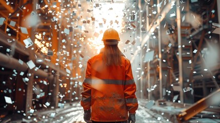 Poster - Rear view, a construction worker at a beautiful construction site in the afternoon surrounded by silver confetti in summer day nowness style. Generative AI.