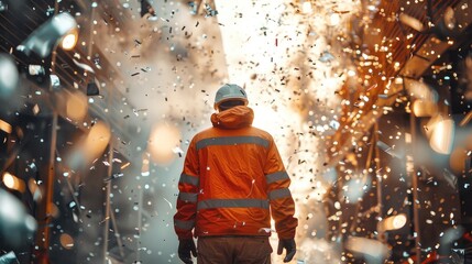 Poster - Rear view, a construction worker at a beautiful construction site in the afternoon surrounded by silver confetti in summer day nowness style. Generative AI.