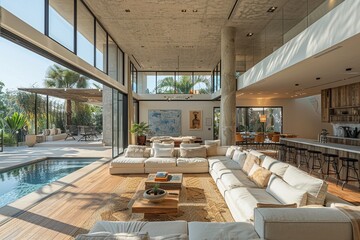 Openconcept living room sleek furniture minimalistic decor white walls large windows bright natural light Modern Watercolor