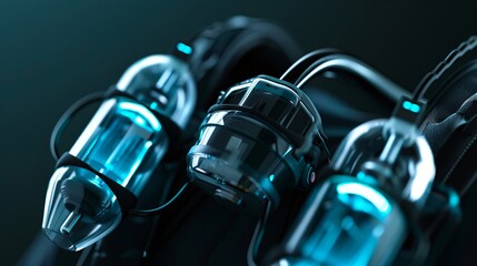 A pair of futuristic headphones with blue lights.