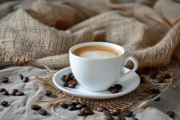 Wall Mural - White coffee cup sitting on a saucer with coffee beans scattered around on a burlap and linen surface