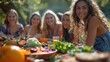 © AiAbstract - Joyful Friends Enjoying a Wholesome Picnic with Fresh Fruits and Vegetables Outdoors