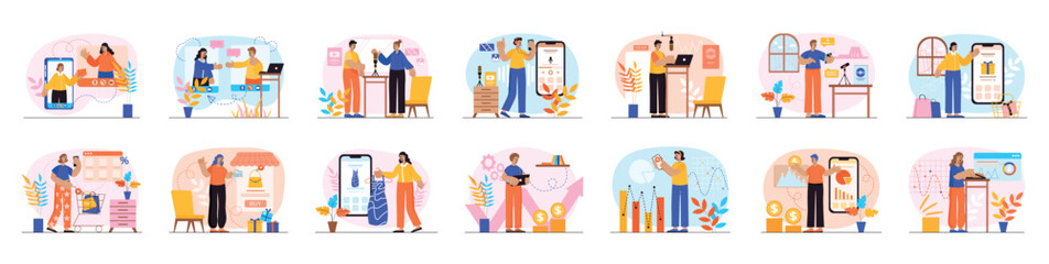 Wall Mural - bundle of simple concepts with people scene in flat cartoon design. the set of illustrations are don