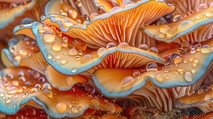 Canvas Print -   A close-up of a cluster of mushrooms with water droplets on their caps